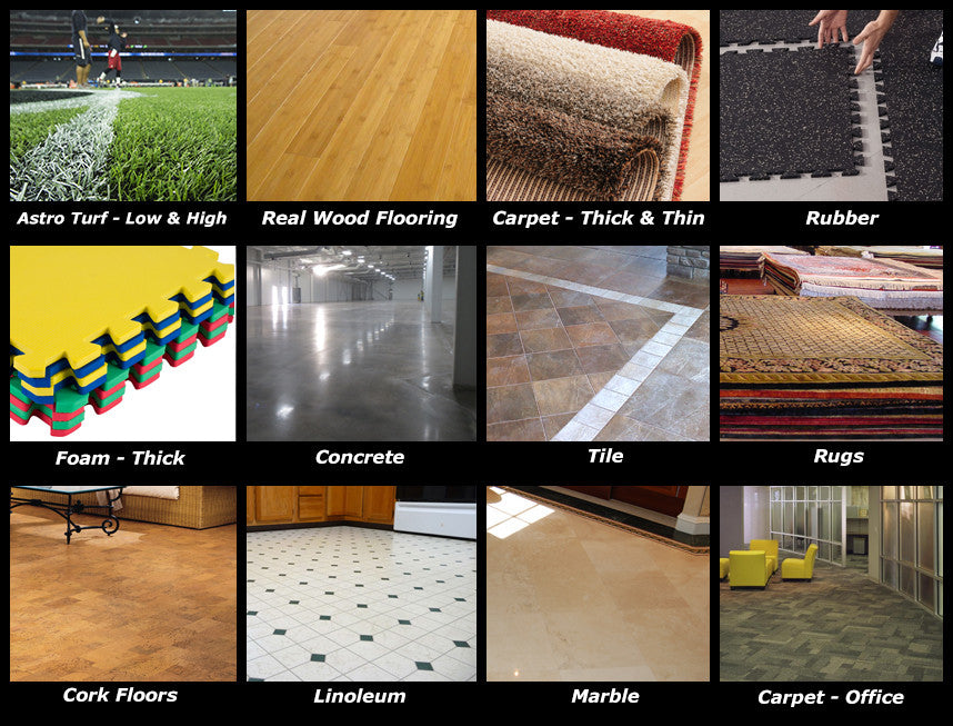 Here you can see the different types of surfaces The Spyder 360™ can work on! Astroturf, Wood, Rugs, Carpet, Rubber, Gymnastics Matts, Concrete, Tile, and other surfaces will NOT stop the Spyder 360™!